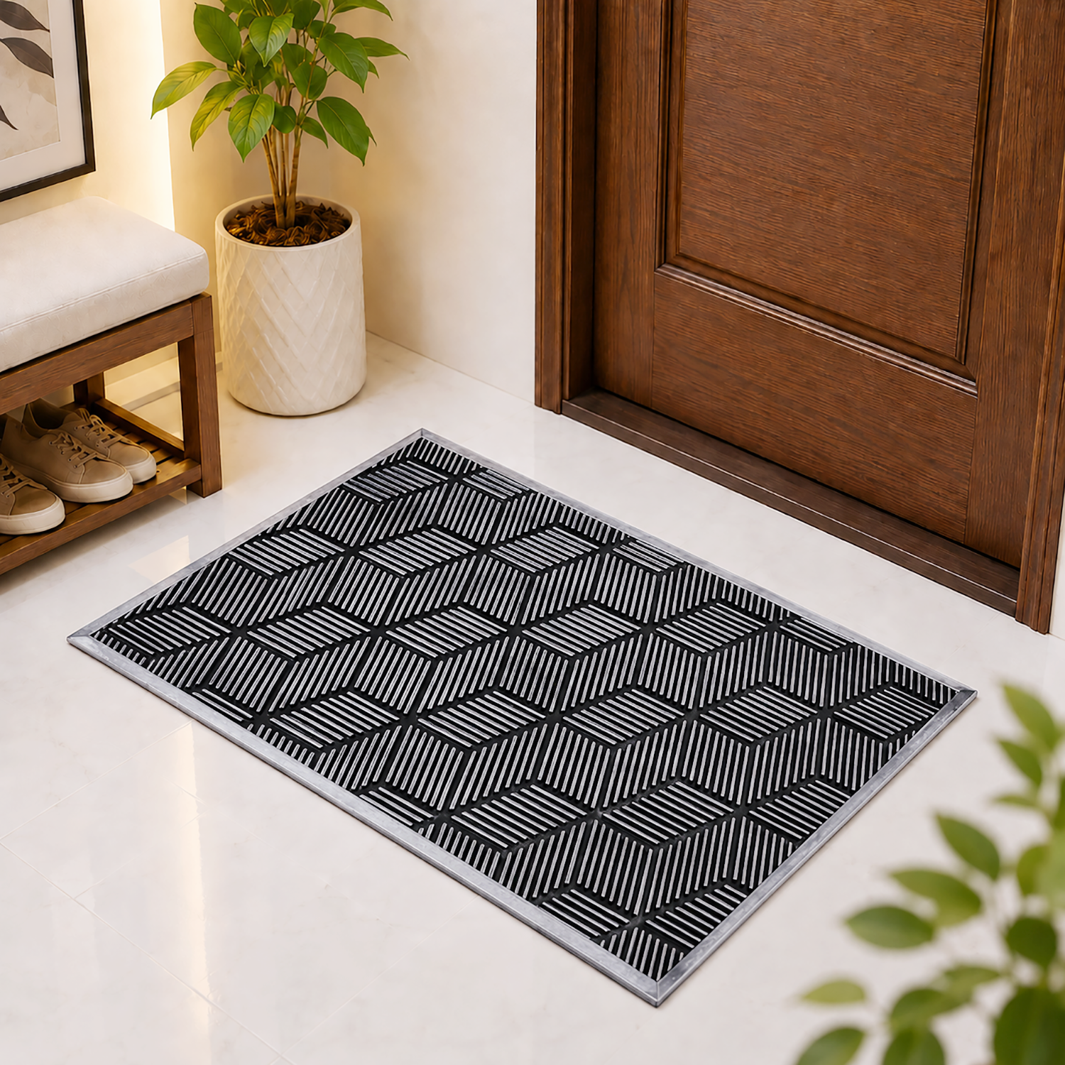 Rubber Door Mat Geometric Textured ( 45x75 cm Silver )