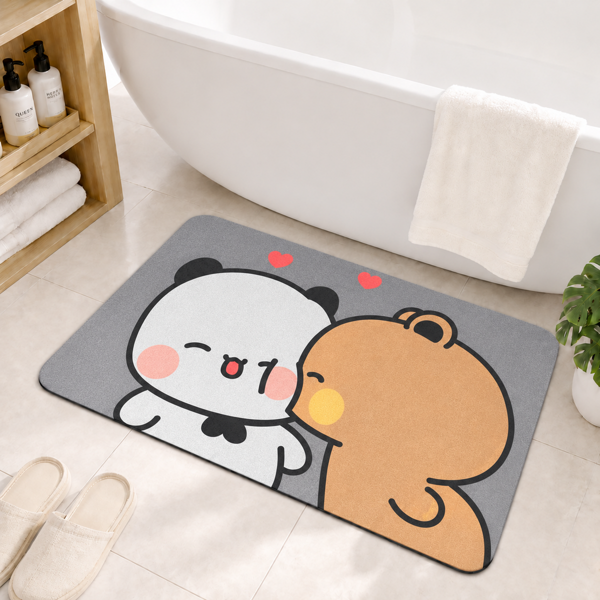 Rubber Bath Mat Anti Slip Quick Drying Soft Panda Bear Love ( Grey, 40x60 cm )