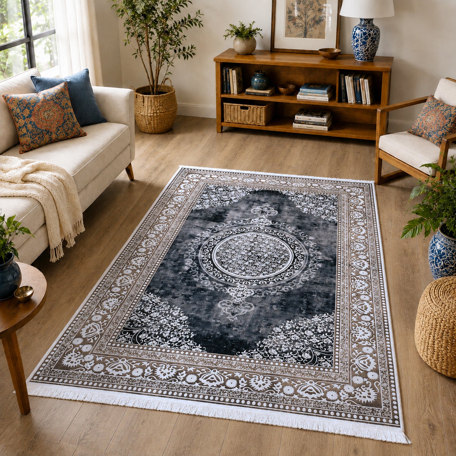 Riyasat Printed Carpet For Home And Office ( 4x6 ft, Charcoal Grey )