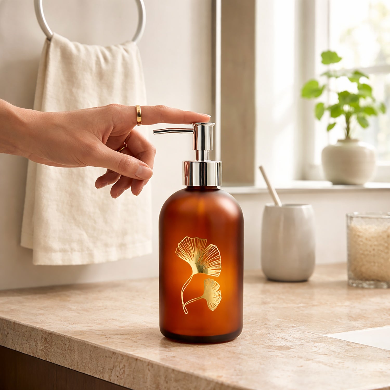 Flower Print Glass Soap Dispenser For Bathroom And Kitchen Sink ( 19.5x7.5 cm Red Brown )