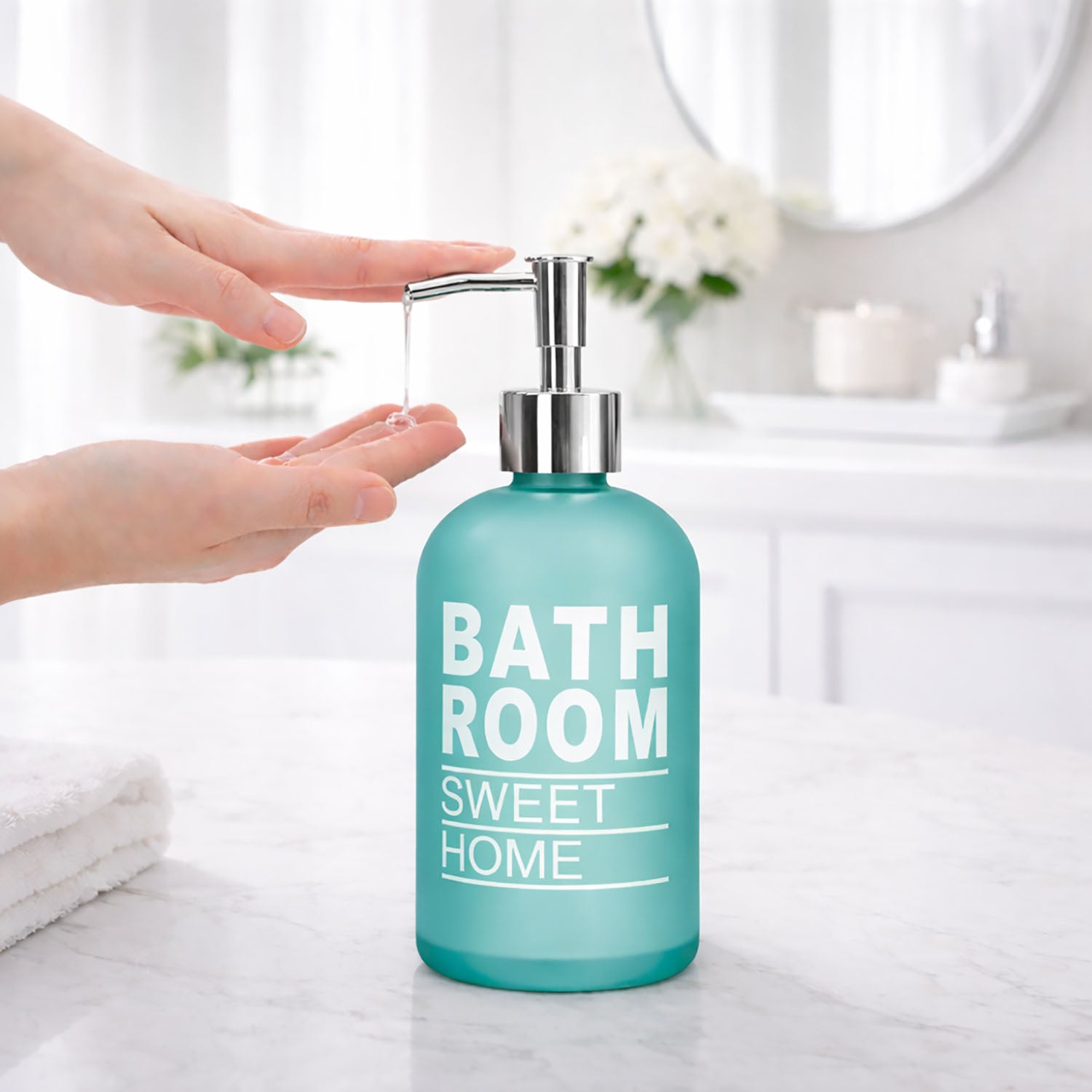 Bathroom Sweet Home Print Glass Soap Dispenser For Bathroom And Kitchen Sink ( 19.5x7.5 cm Aqua )