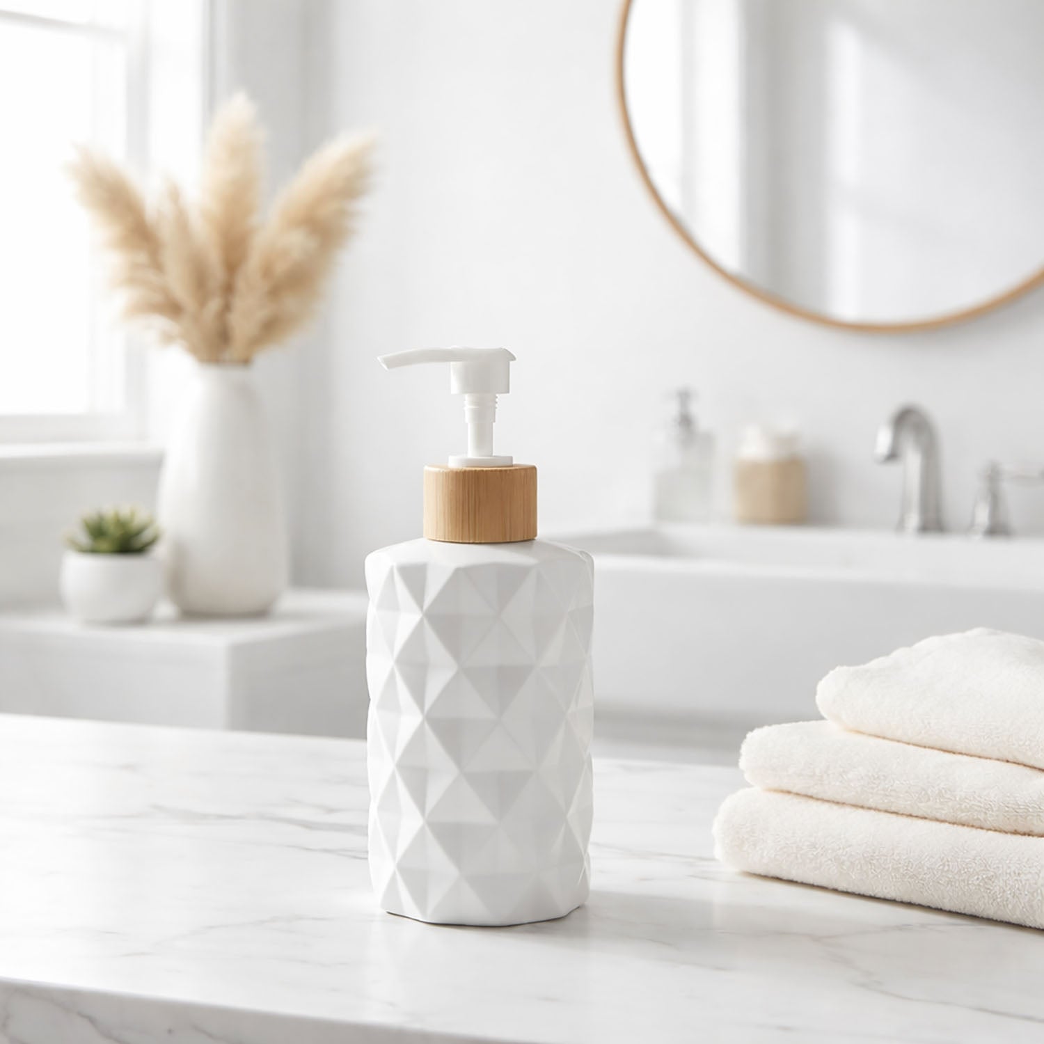 Faceted Pattern Glass Soap Dispenser For Bathroom And Kitchen Sink ( 17.5x7.5 cm White)