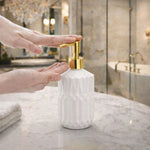 Geometric Texture Pattern Glass Soap Dispenser For Bathroom And Kitchen Sink Leak ( 19x7.5 cm White )