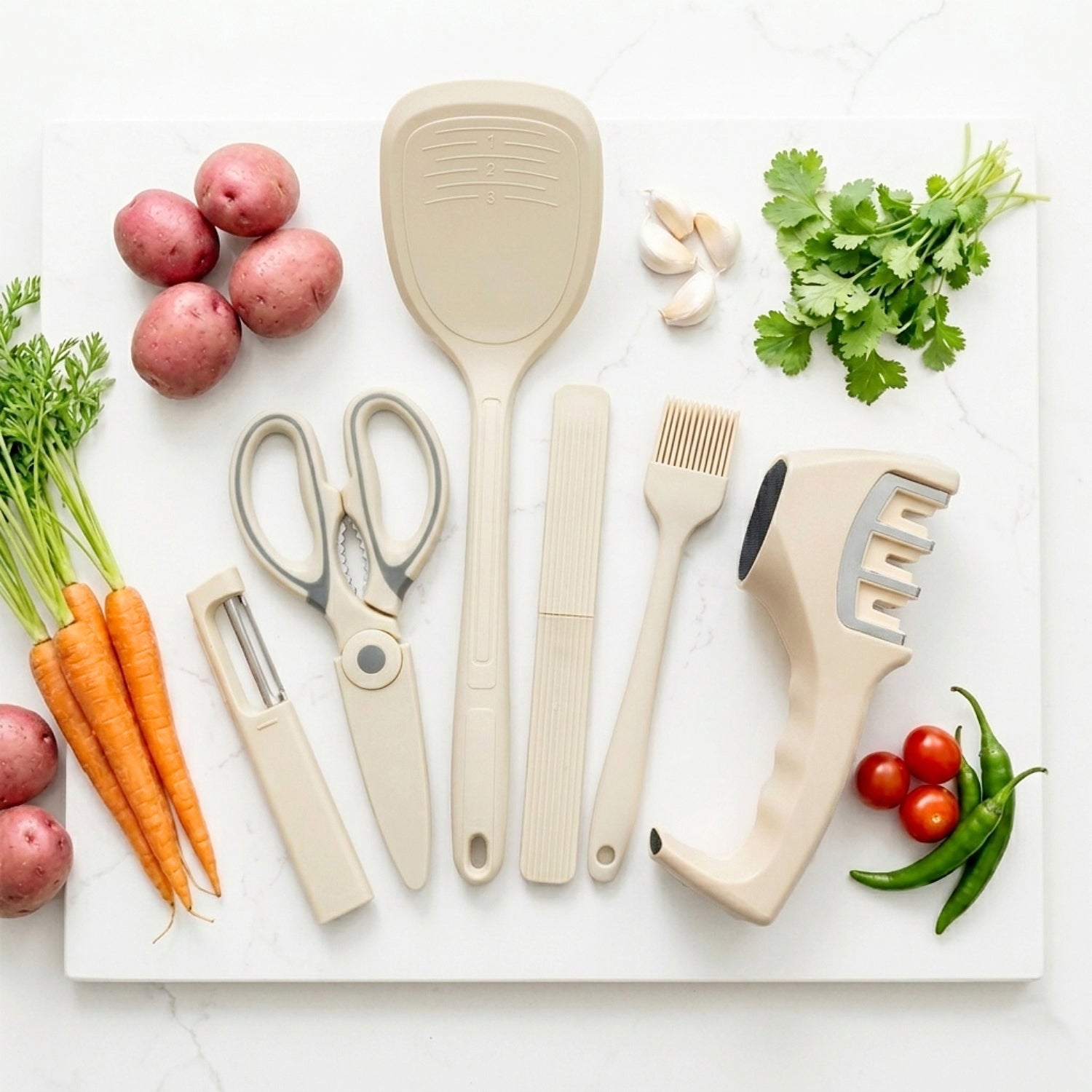 Kitchen Tool Set Plastic Non-Stick Cooking Utensils For Kitchen ( Cream Solid Pack Of 6)