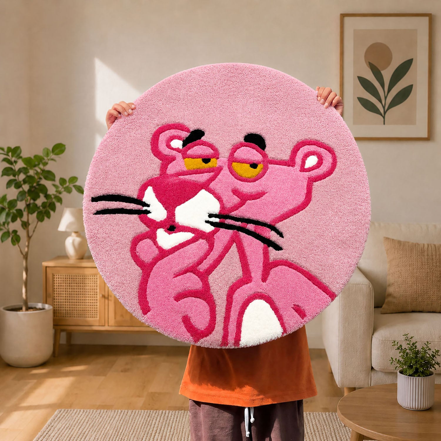 Premium Wool Tufted Rug Cartoon Character Unique Design Floor Mat For Kids Room Bedroom Home Decor High Warmth All Season (61x61 cm, Pink, Pack of 1)