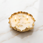 Soy Wax Decorative Lotus Urli Scented Candle With Gold Leaf Pattern ( White And Gold  , 12x12cm )