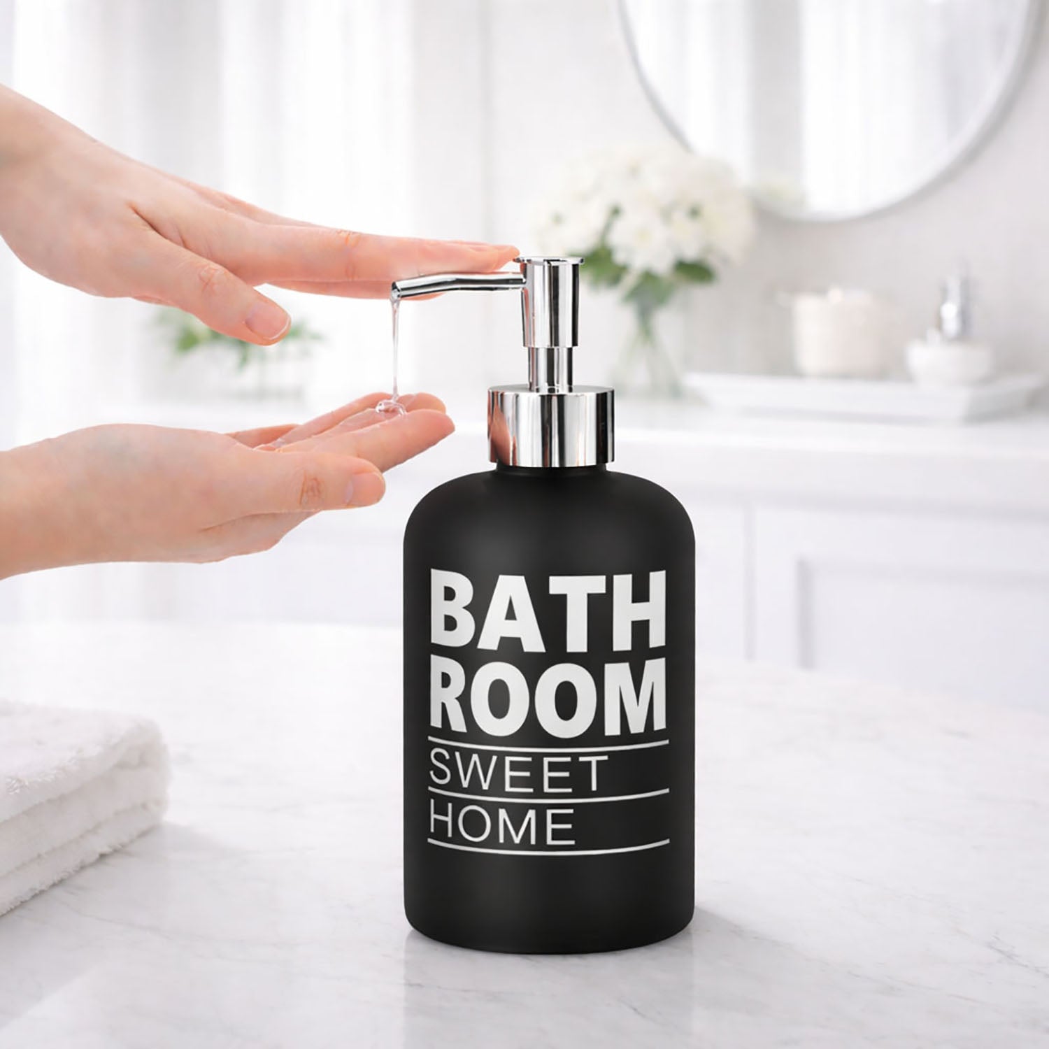 Bathroom Sweet Home Print Glass Soap Dispenser For Bathroom And Kitchen Sink ( 19.5x7.5 cm Black )