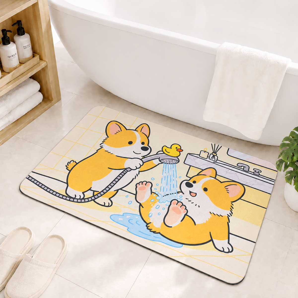 Rubber Bath Mat Anti Slip Quick Drying Soft Corgi Shower ( Yellow & Cream, 40x60 cm )