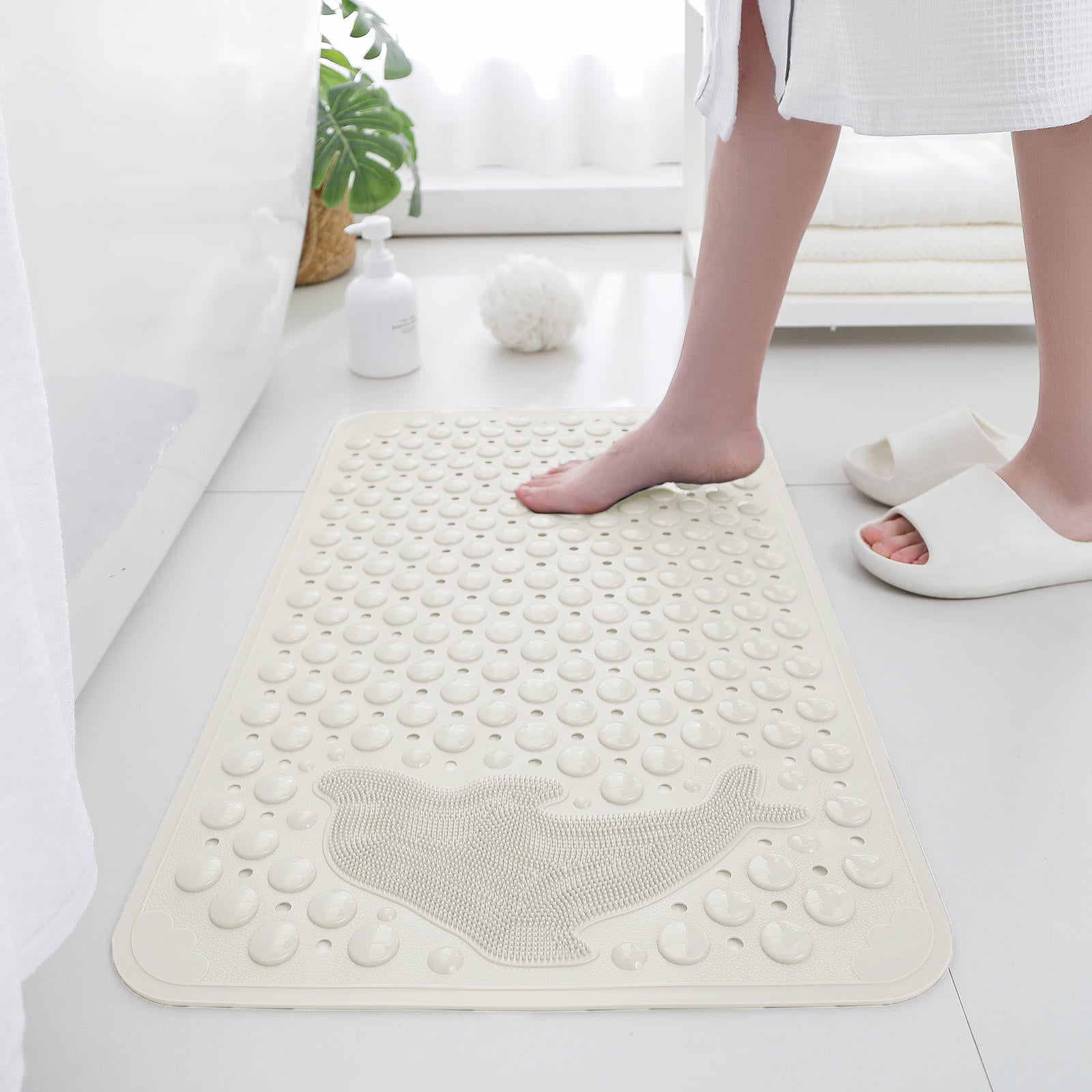 PVC Shower Mat for Bathroom Floor ( 35x70 cm, Cream)