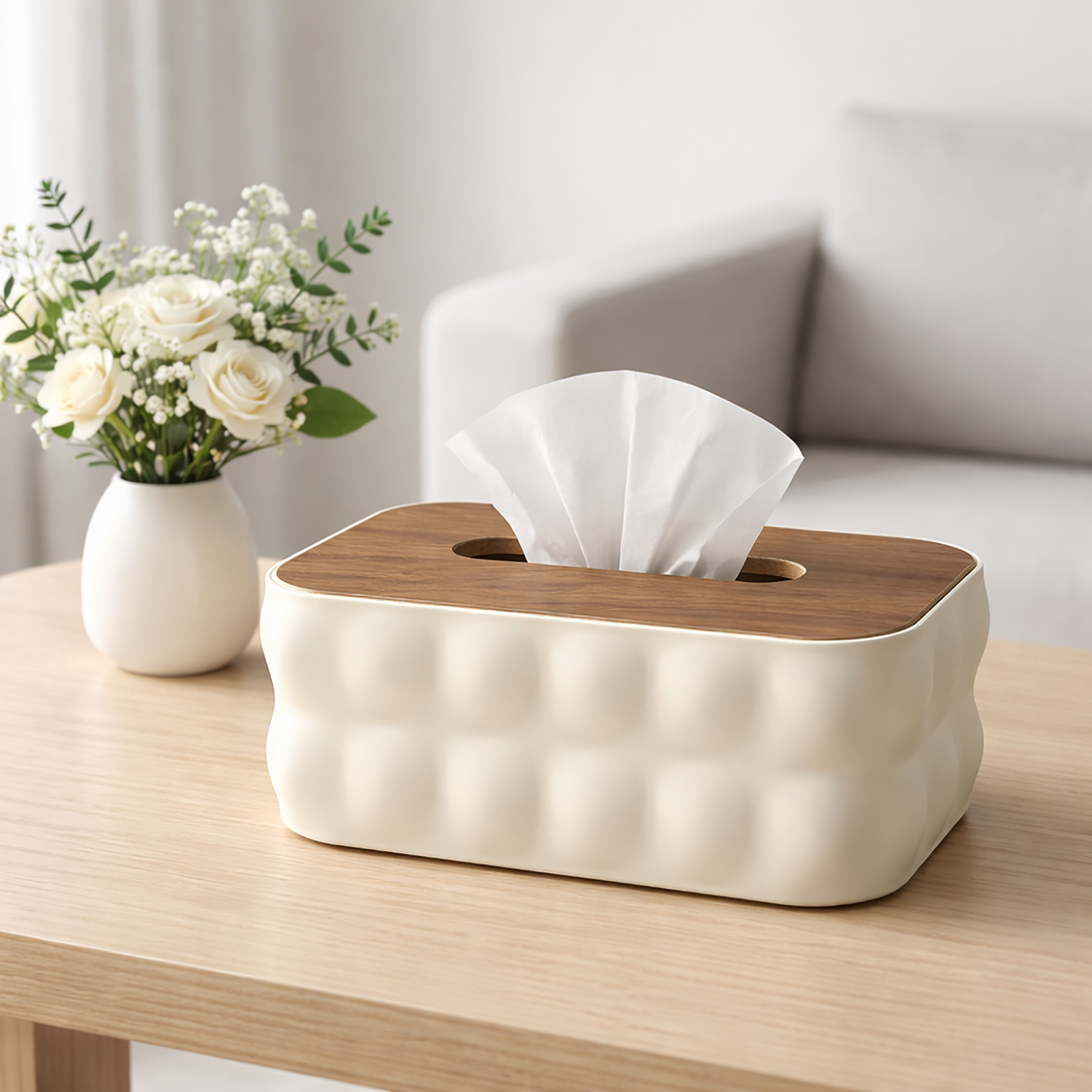 Plastic Tissue Dispenser with Wooden Grain Lid  (White, 21x13x9 cm)