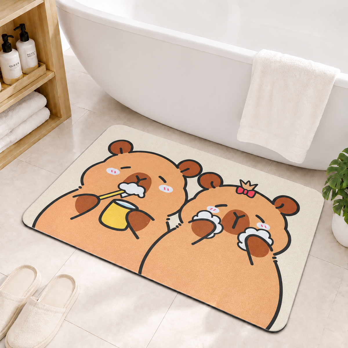 Rubber Bath Mat Anti Slip Quick Drying Soft Bear Self Care ( Beige, 40x60 cm )