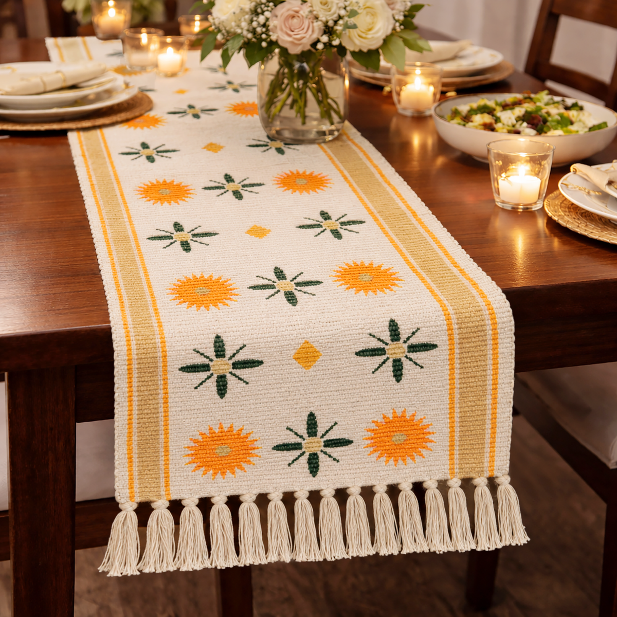 Table Runner with Tassels - Cotton 13.5 x 51 Inch, Sunburst Flower
