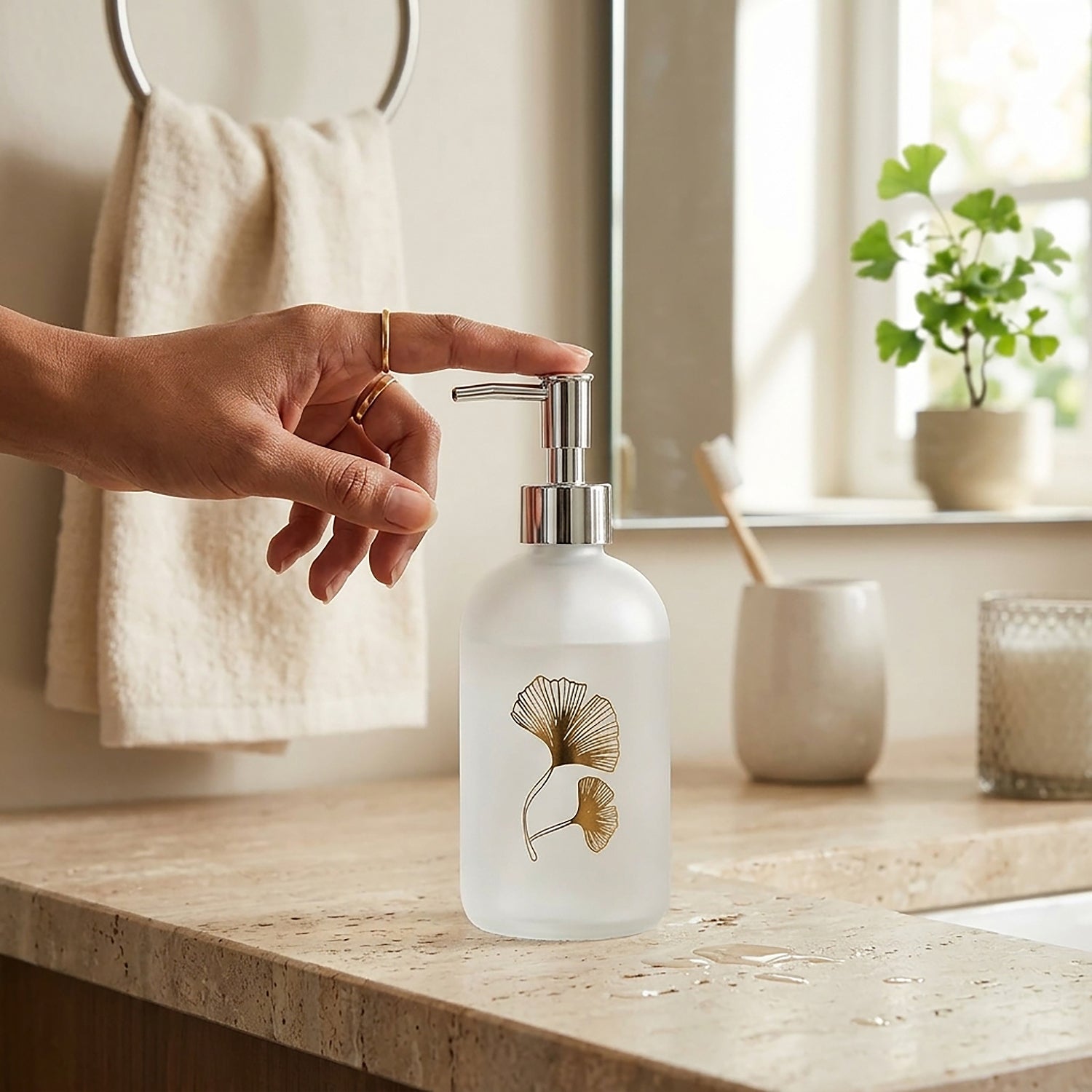 Flower Print Glass Soap Dispenser For Bathroom And Kitchen Sink ( 19.5x7.5 cm White )
