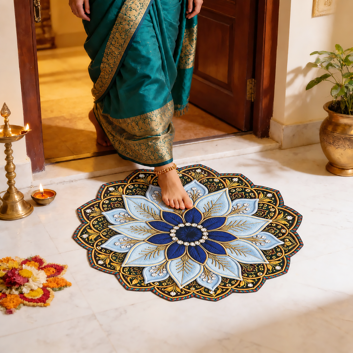 3D Rangoli Mats ( 57x57 cm, Blue )