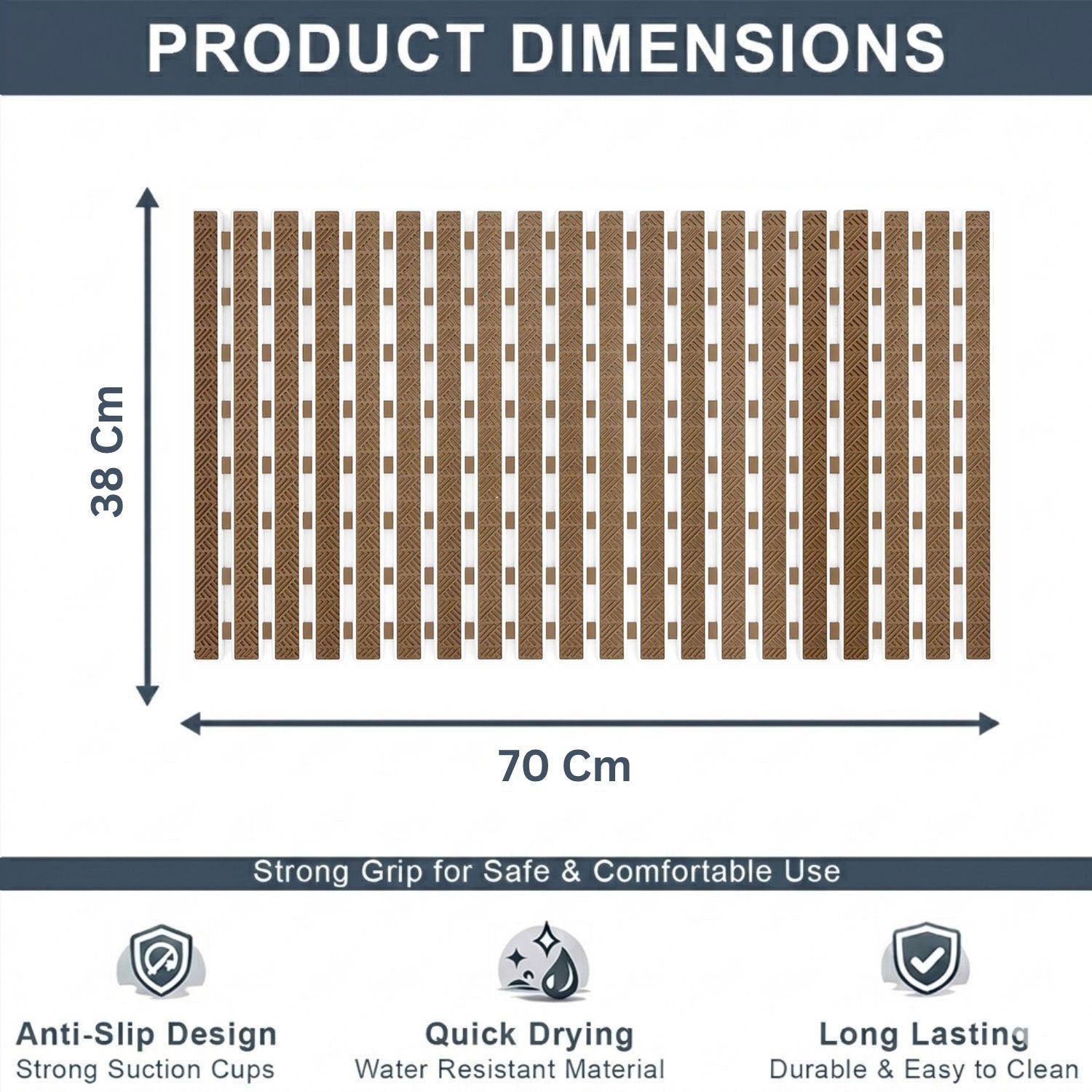 Rubber Shower Mat For Bathroom ( 38x70 Cm Brown )
