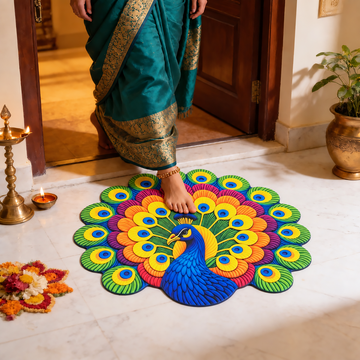 3D Rangoli Mats ( 56x56 cm, Multi )