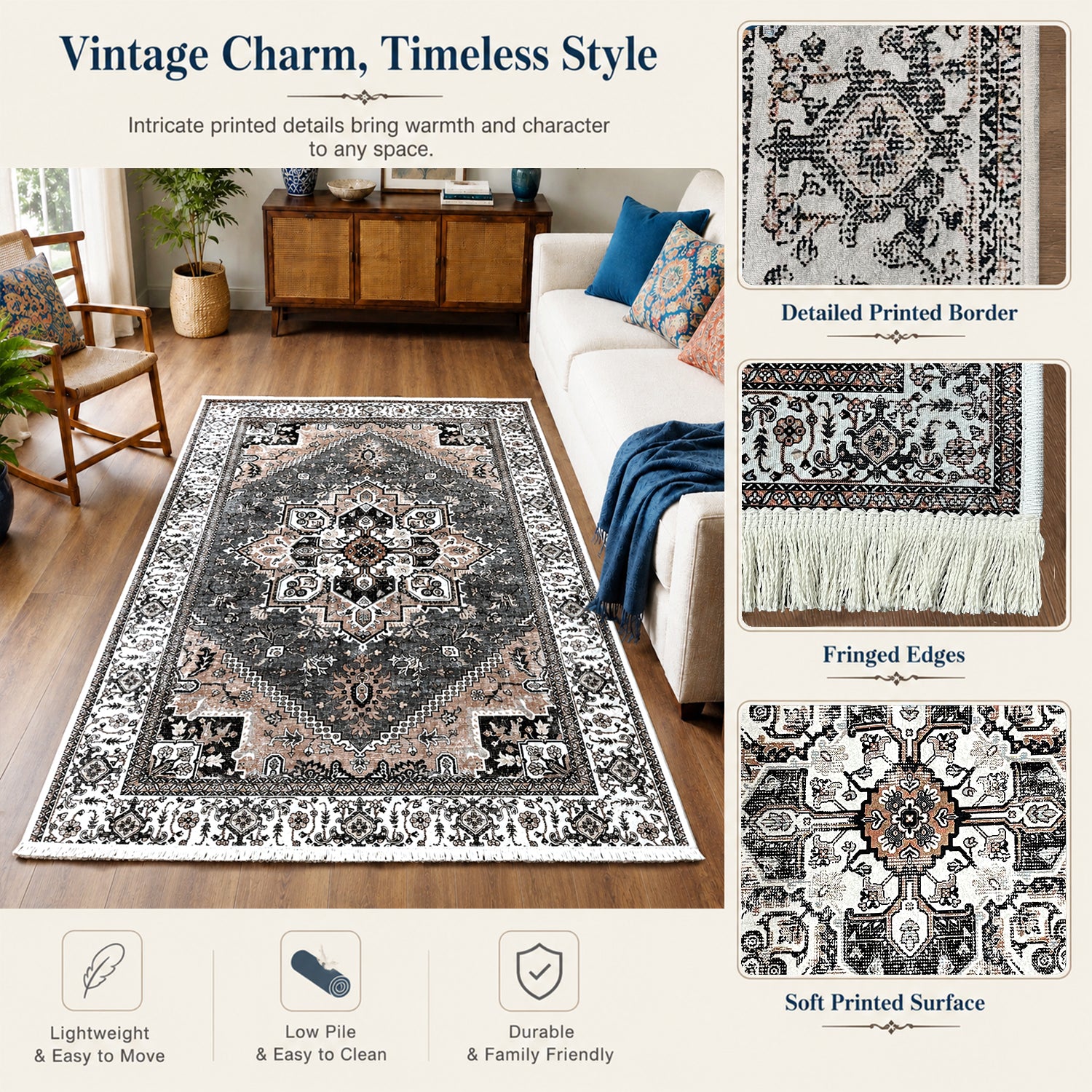 Riyasat Printed Carpet For Home And Office ( 3x5 ft, Vintage Grey )