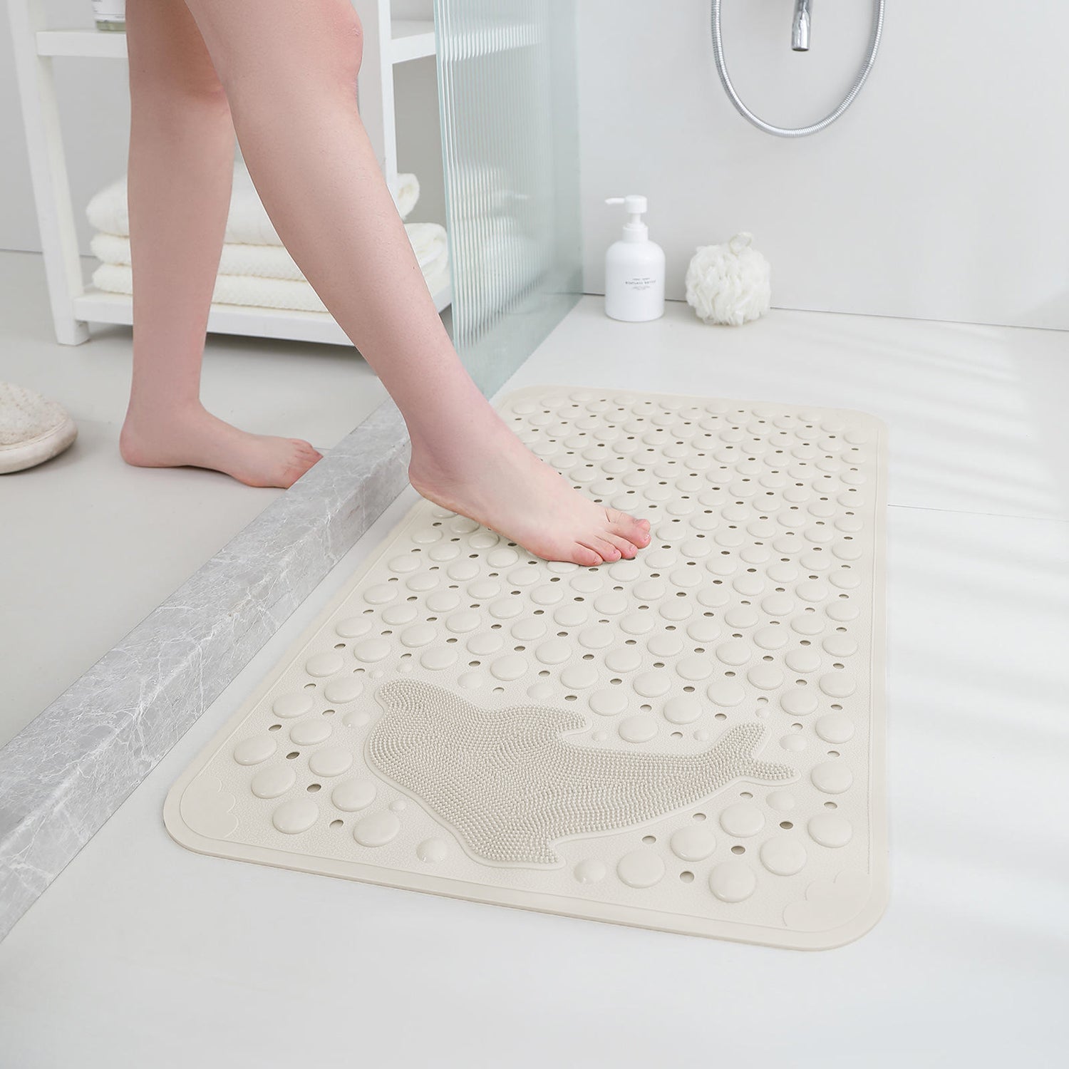 PVC Shower Mat for Bathroom Floor ( 35x70 cm, Cream)