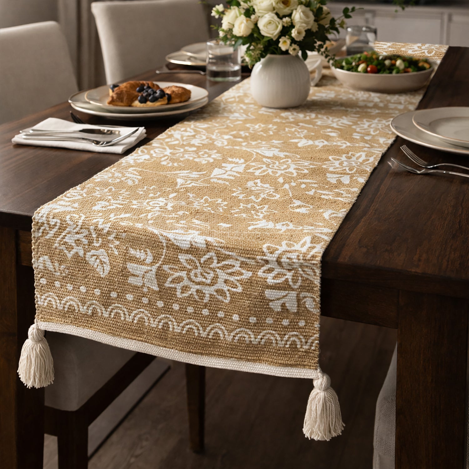Table Runner with Tassels - Cotton 13.5 x 79.5 Inch, Floral