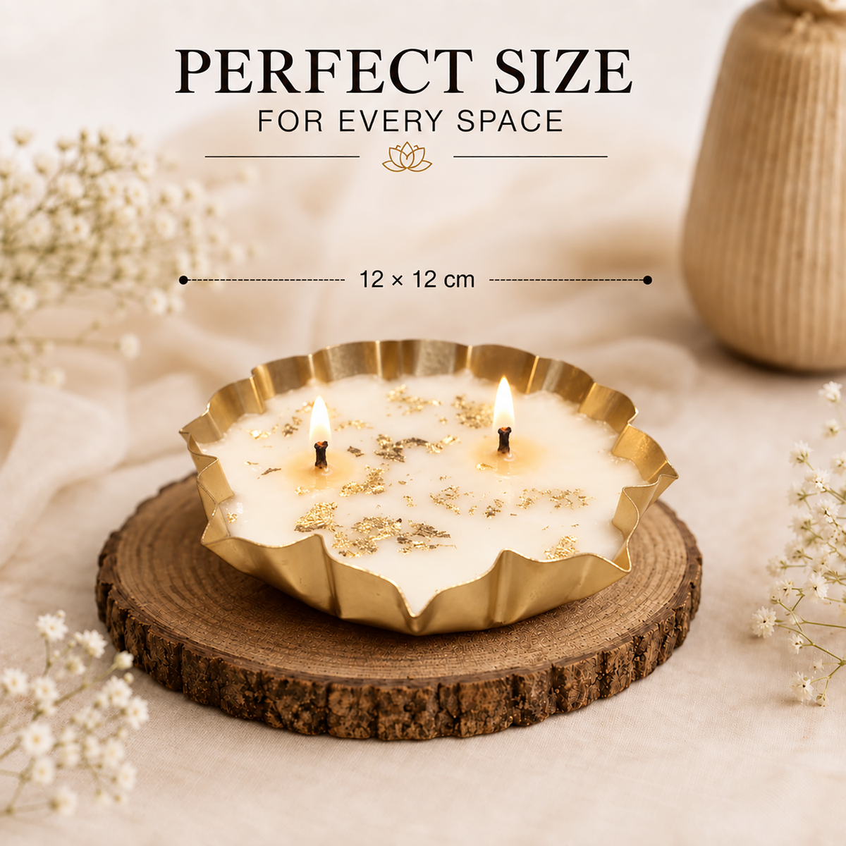 Soy Wax Decorative Lotus Urli Scented Candle With Gold Leaf Pattern ( White And Gold  , 12x12cm )