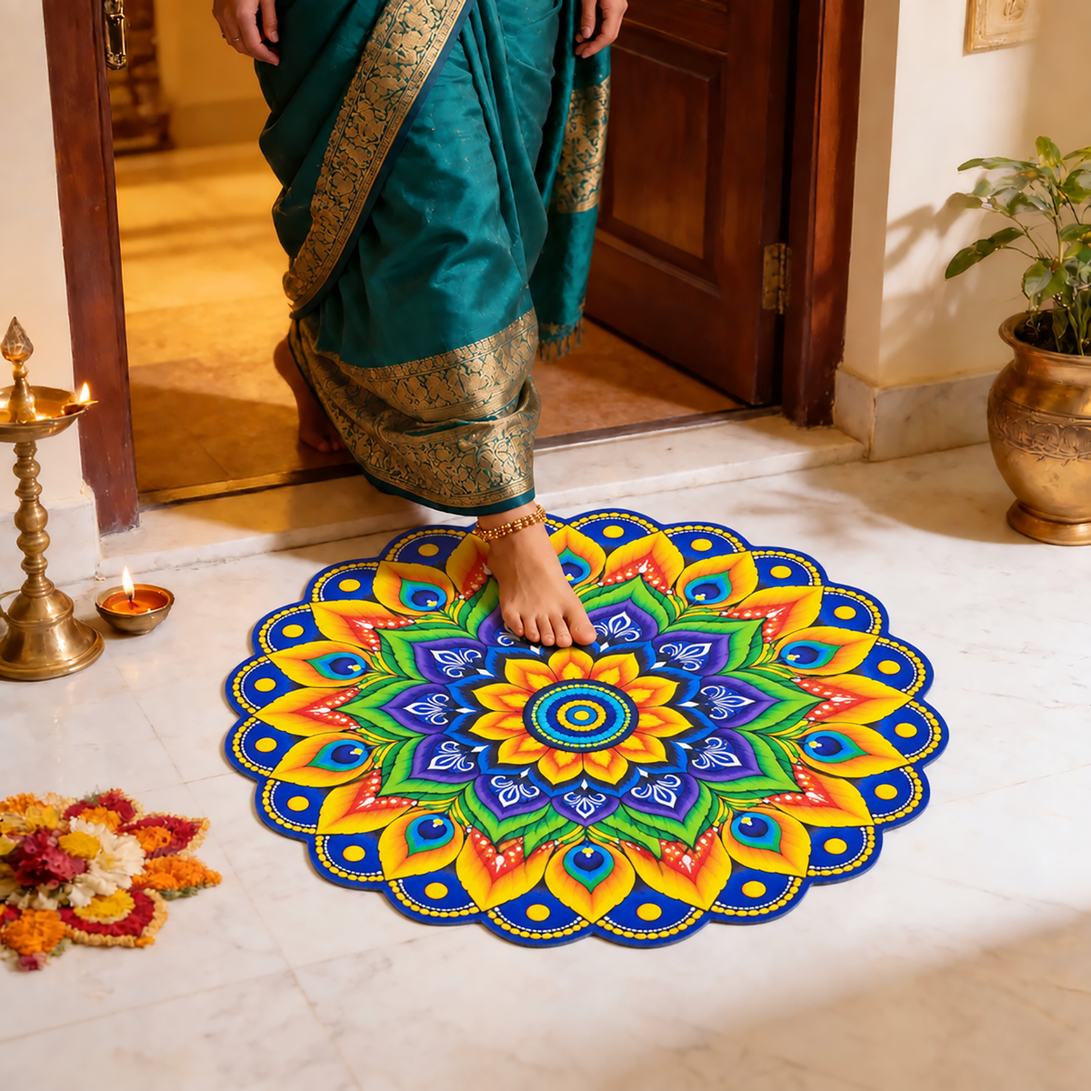 3D Rangoli Mats ( 56x59 cm, Multi )