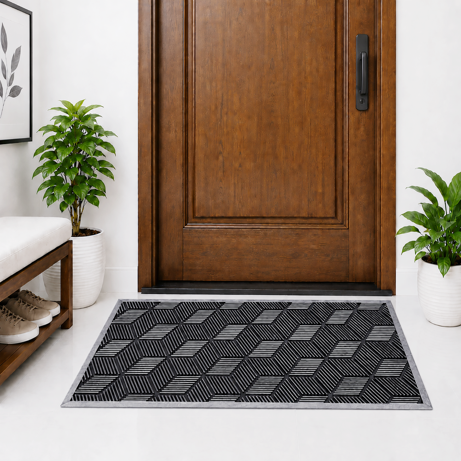 Rubber Door Mat Geometric Textured ( 45x75 cm Silver )