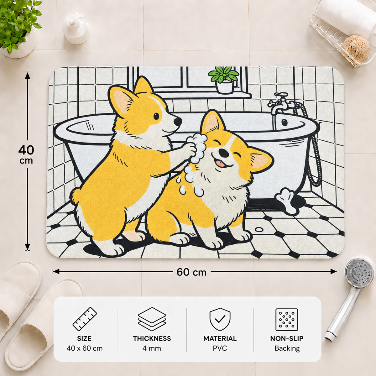 Rubber Bath Mat Anti Slip Quick Drying Soft Corgi Spa ( White & Yellow, 40x60 cm )