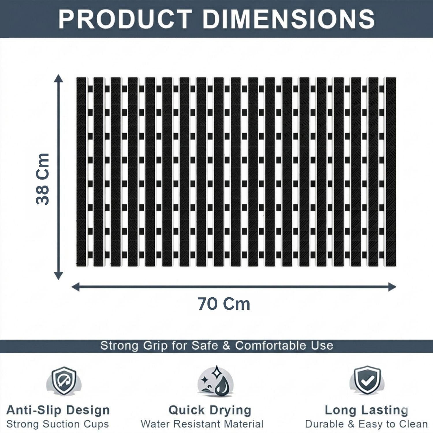 Rubber Shower Mat For Bathroom ( 38x70 Cm Black )