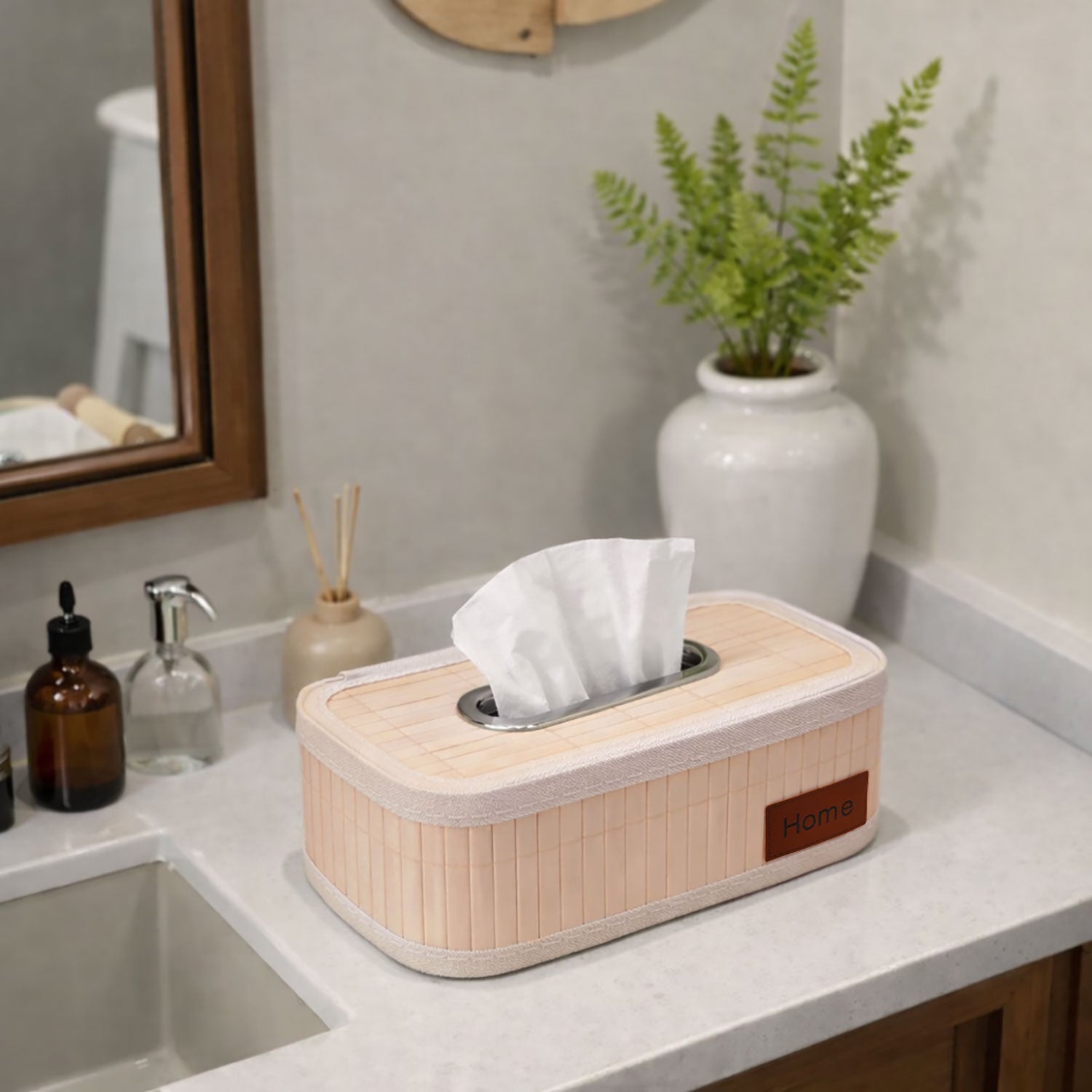 Bamboo Napkin Box Tissue Holder ( Cream, 24x14x9 cm )
