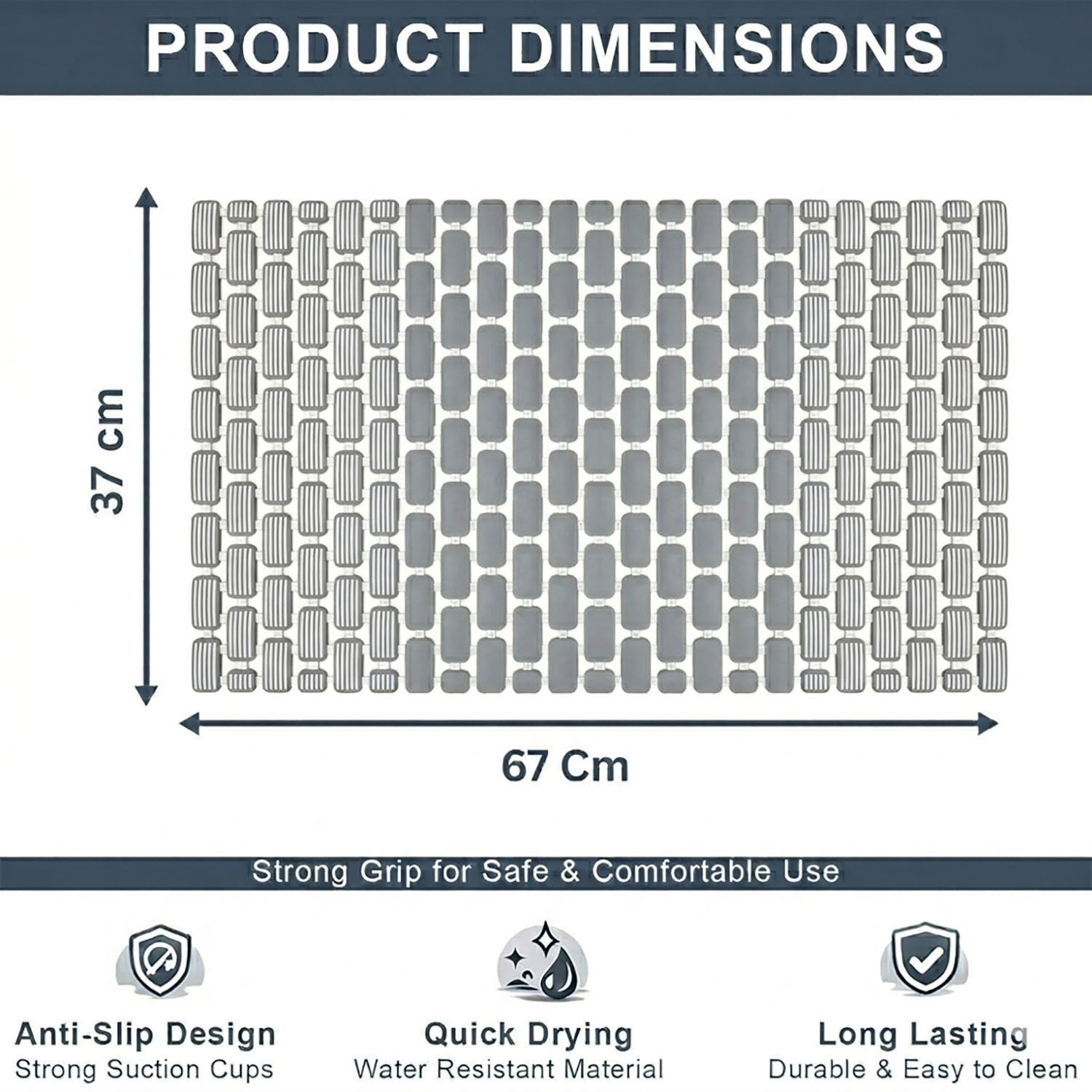 Rubber Shower Mat For Bathroom ( 37x67 Cm Grey )