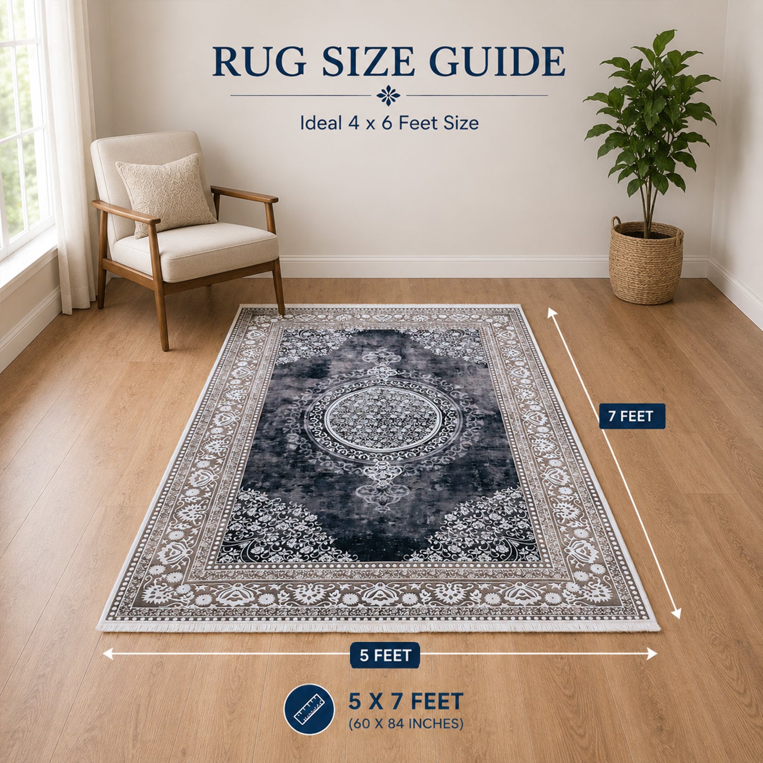 Riyasat Printed Carpet For Home And Office ( 5x7 ft, Charcoal Grey )