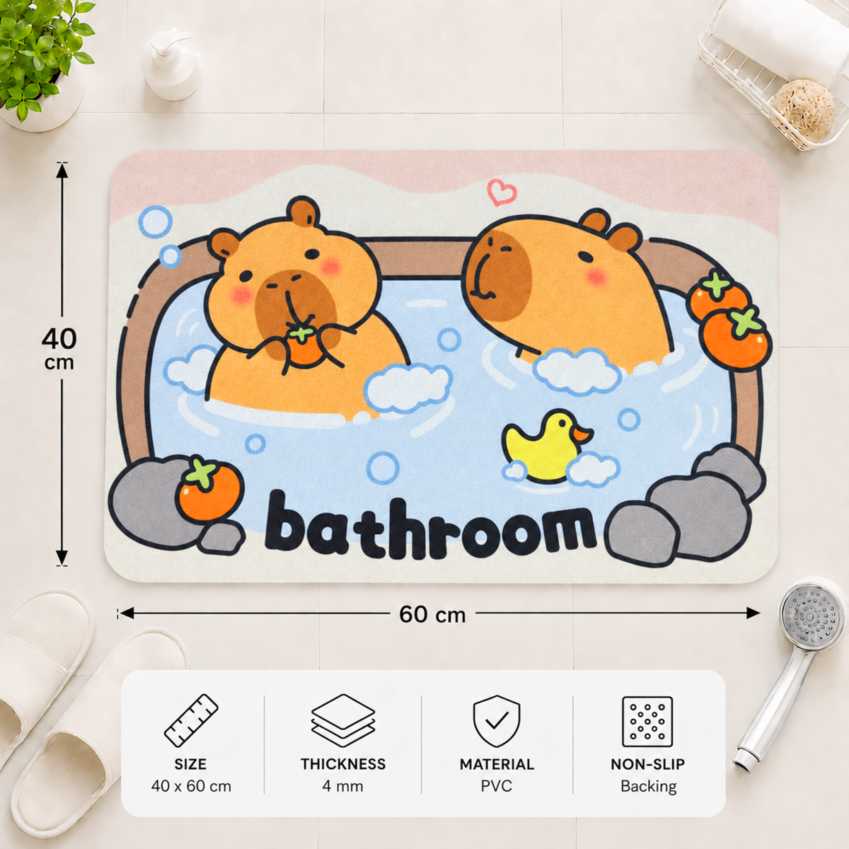 Rubber Bath Mat Anti Slip Quick Drying Soft Capybara ( Blue, 40x60 cm )