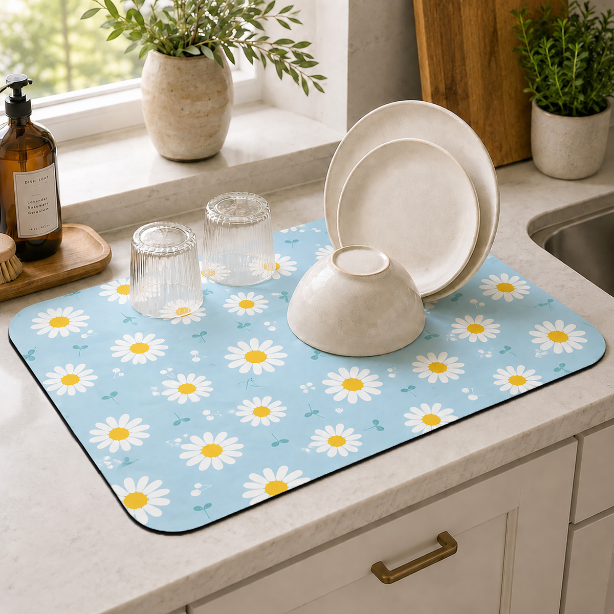 Kitchen Dish Drying Mat | Blue Daisy Floral Print | 35x55 cm
