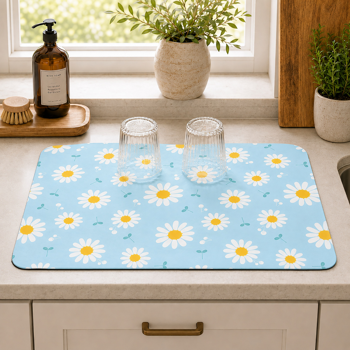 Kitchen Dish Drying Mat | Blue Daisy Floral Print | 35x55 cm