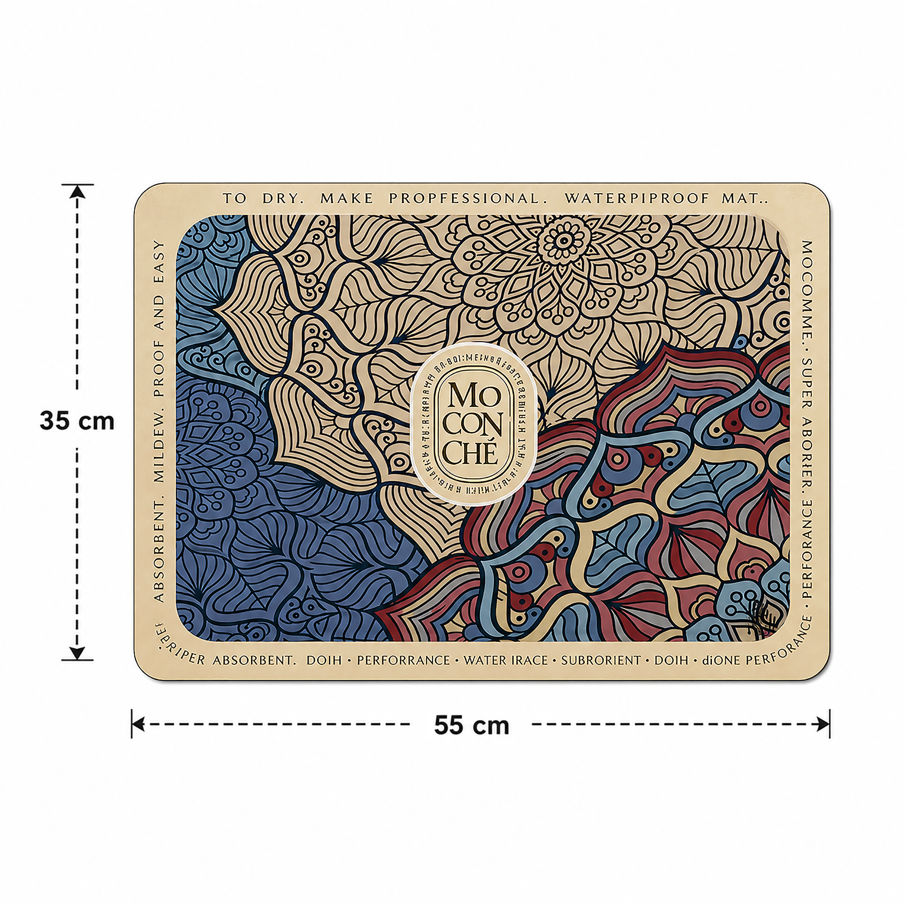 Kitchen Dish Drying Mat | Blue Beige Mandala Print | 35x55 cm