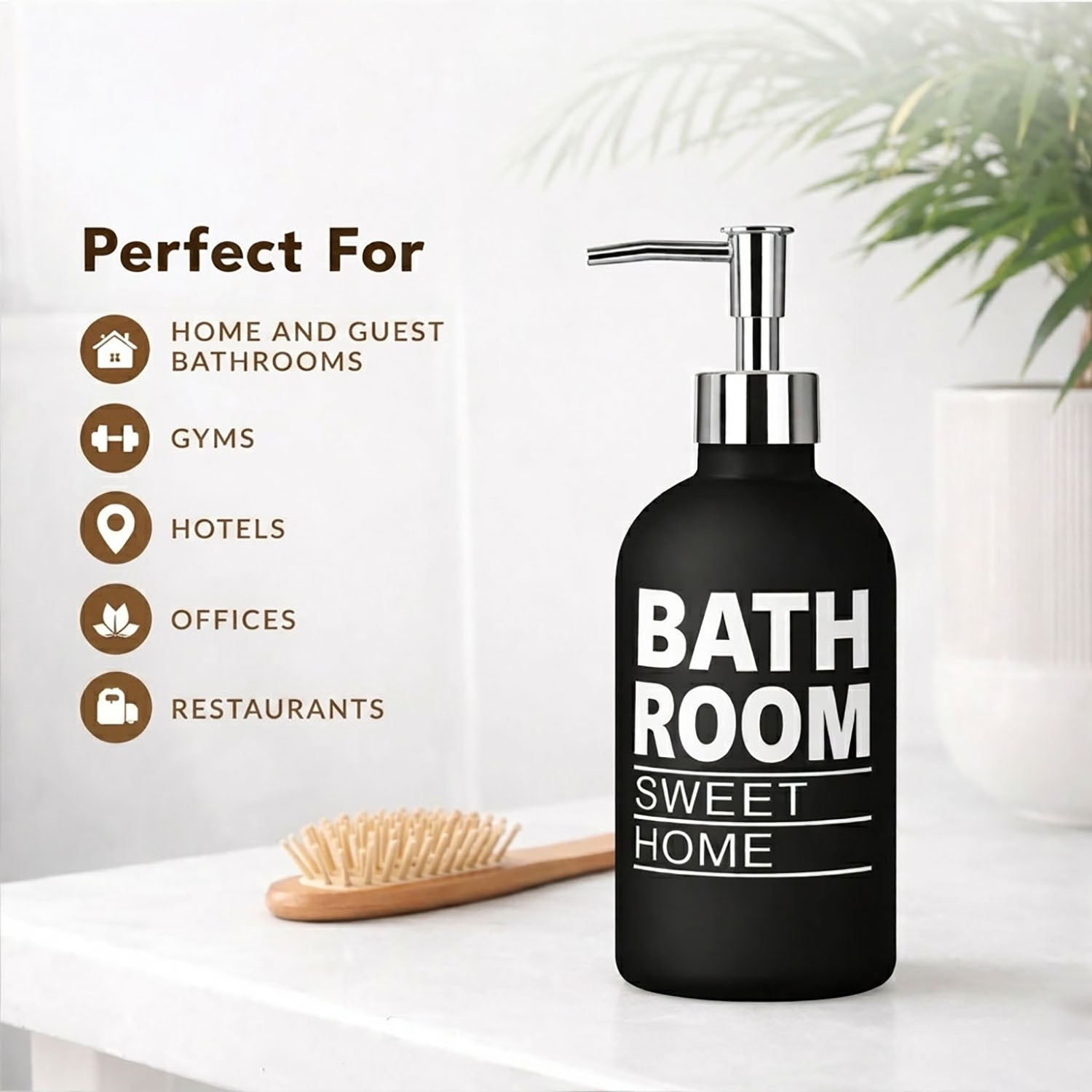 Bathroom Sweet Home Print Glass Soap Dispenser For Bathroom And Kitchen Sink ( 19.5x7.5 cm Black )