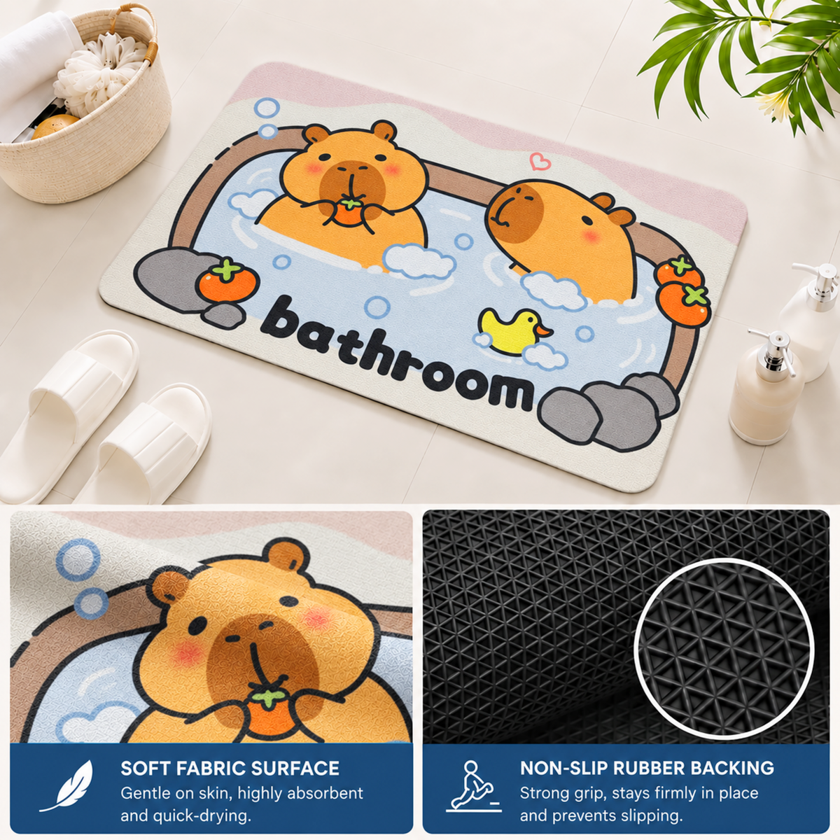 Rubber Bath Mat Anti Slip Quick Drying Soft Capybara ( Blue, 40x60 cm )