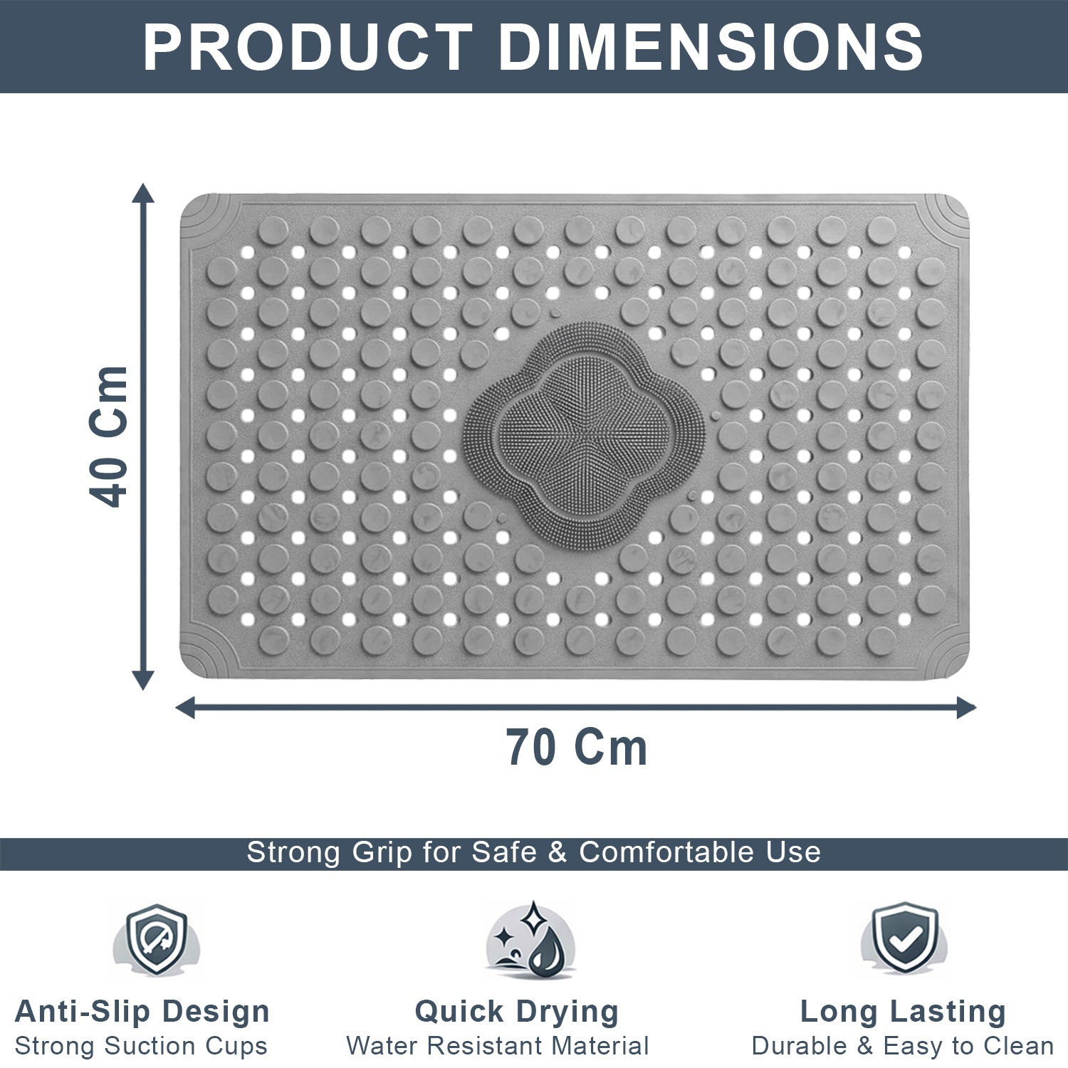PVC Shower Mat for Bathroom Floor (40x70 cm, Grey)