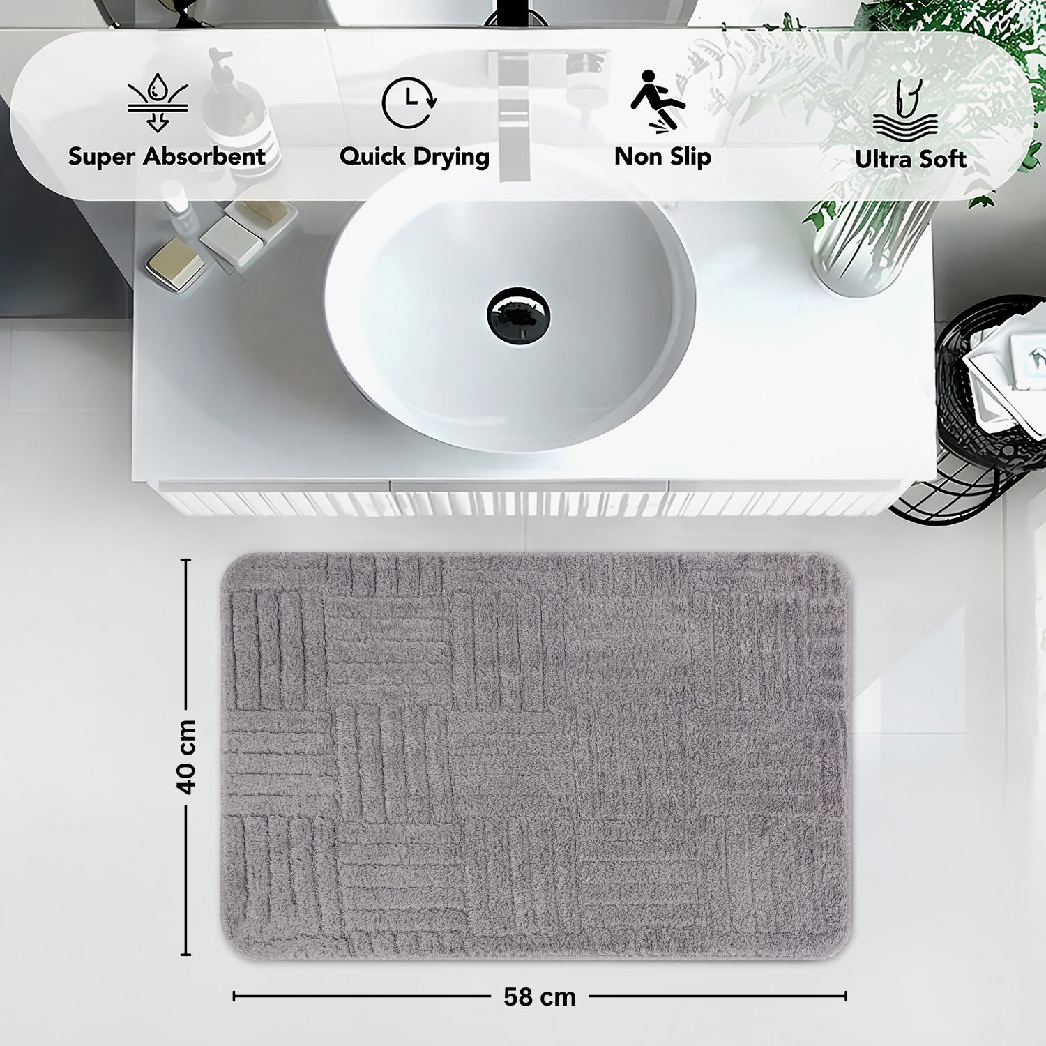 Bahrain Intersect Microfiber Bath Mat (40x58cm Grey)