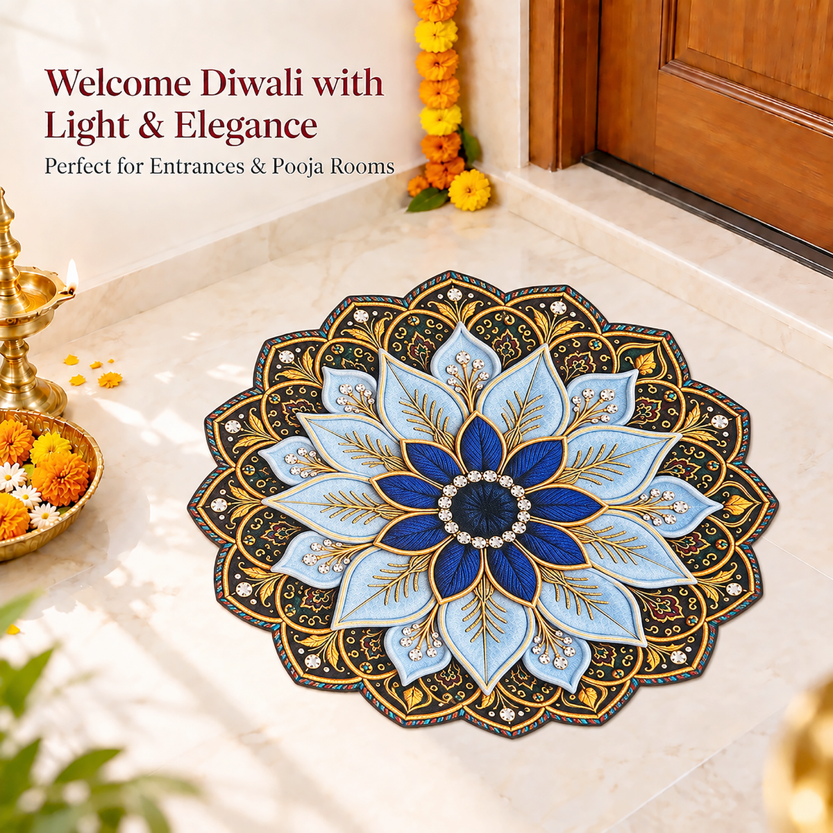 3D Rangoli Mats ( 57x57 cm, Blue )