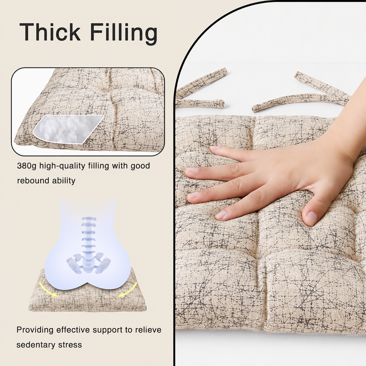 Polyester Chair Cushion Pad, Soft, Comfortable Back Support, Relaxing Backrest Pillow Cushions with Ties for Home, Office, Livingroom - (18x18 Inch, White) Pack of 1
