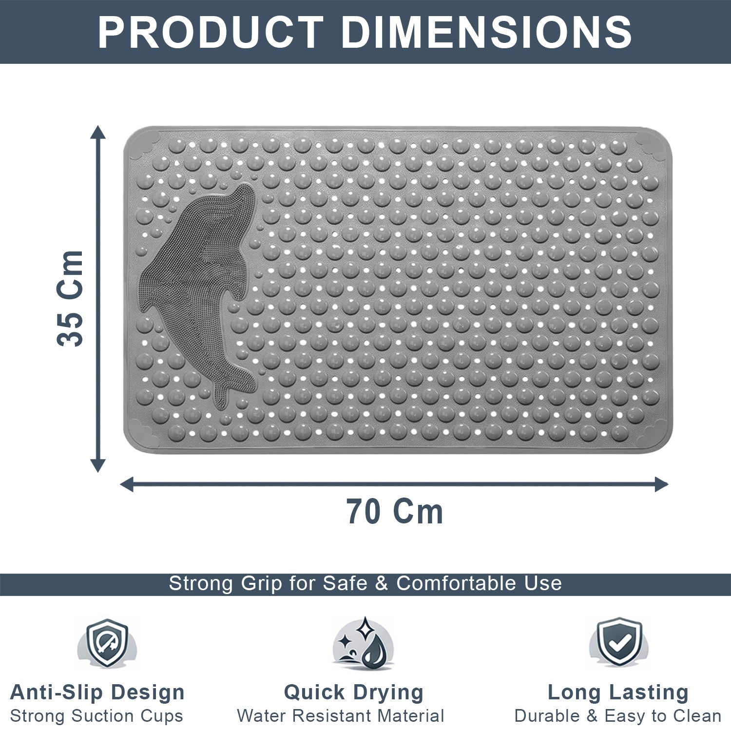 PVC Shower Mat for Bathroom Floor ( 35x70 cm, Grey )
