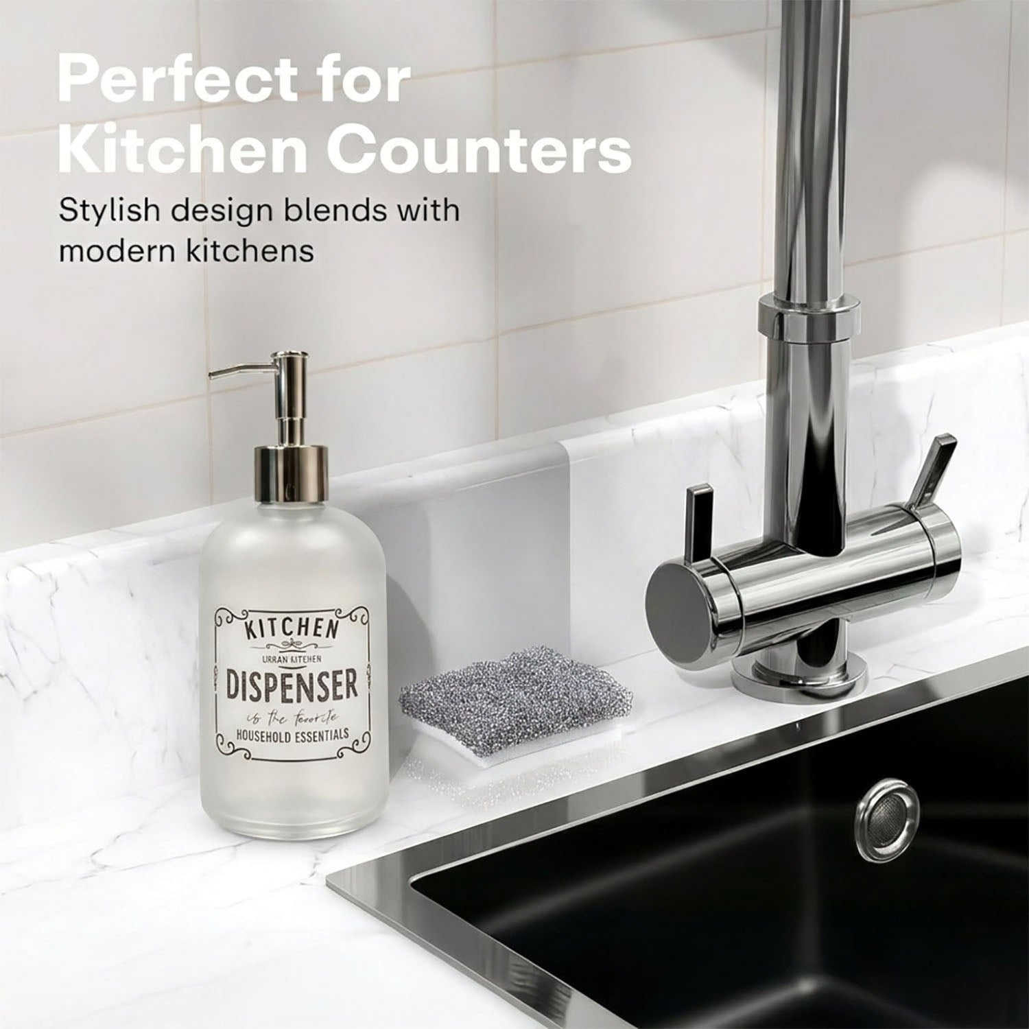Kitchen Dispenser Print Glass Soap Dispenser For Bathroom And Kitchen Sink Leak ( 19.5x7.5 cm White )
