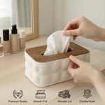 Plastic Tissue Dispenser with Wooden Grain Lid  (White, 21x13x9 cm)