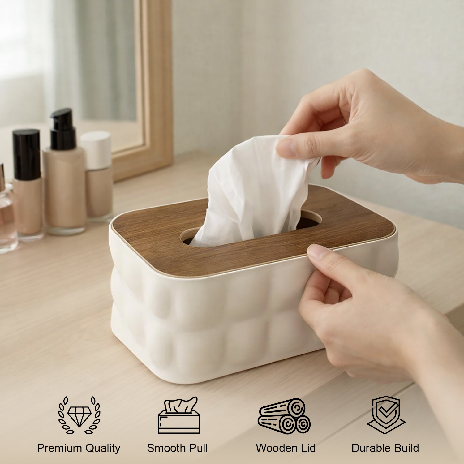 Plastic Tissue Dispenser with Wooden Grain Lid  (White, 21x13x9 cm)