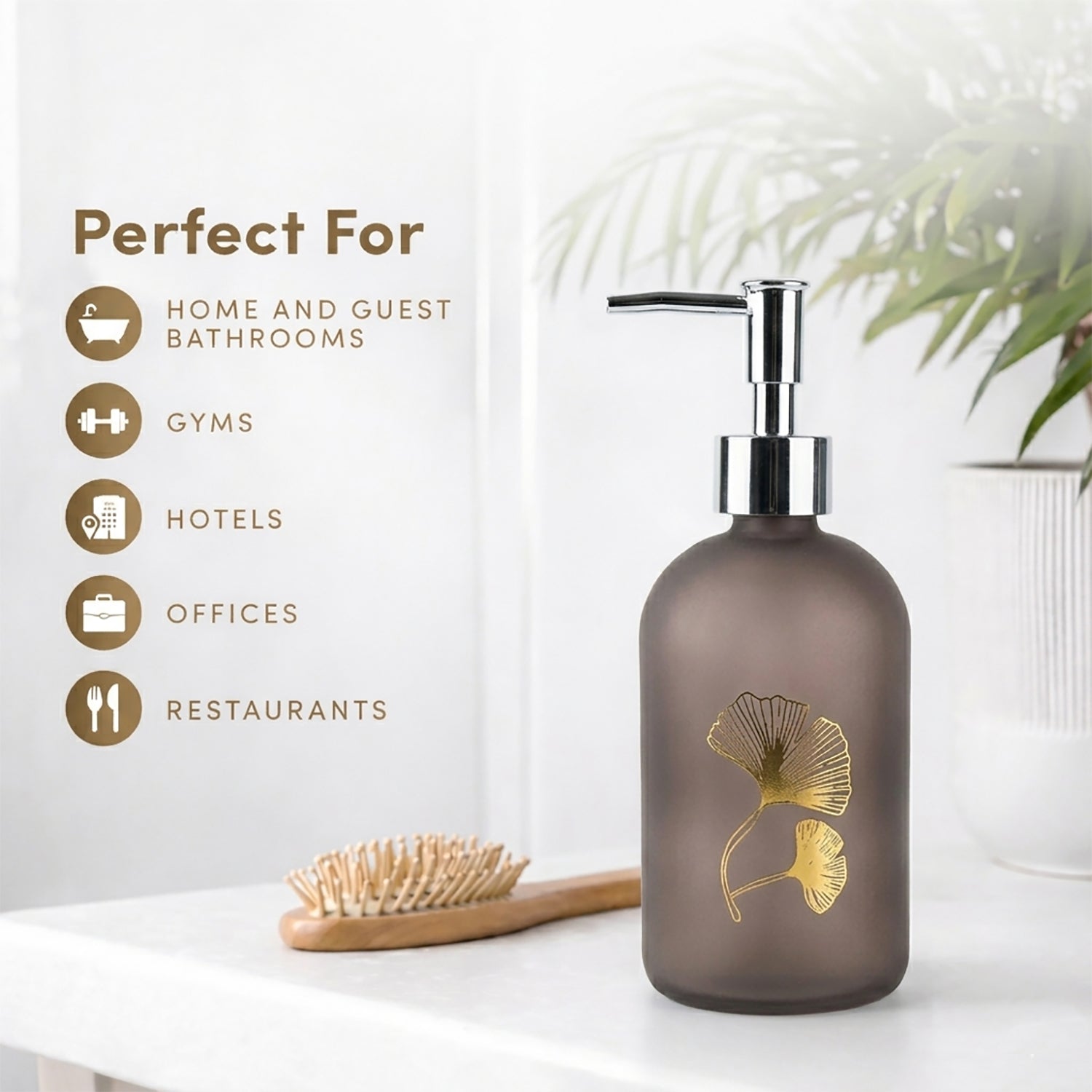 Flower Print Glass Soap Dispenser For Bathroom And Kitchen Sink ( 19.5x7.5 cm Brown )