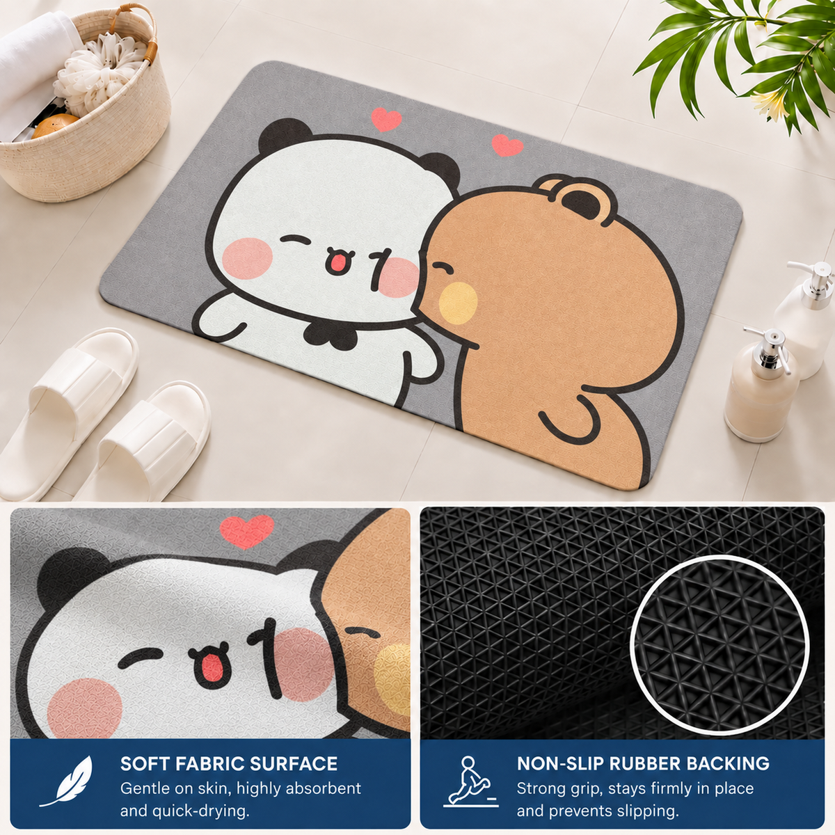 Rubber Bath Mat Anti Slip Quick Drying Soft Panda Bear Love ( Grey, 40x60 cm )