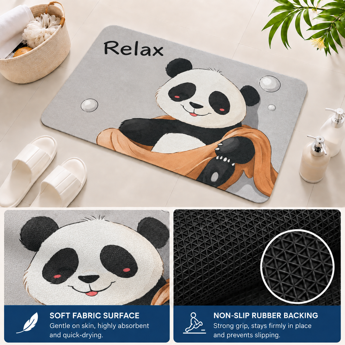 Rubber Bath Mat Anti Slip Quick Drying Soft Relaxing Panda ( Grey, 40x60 cm )