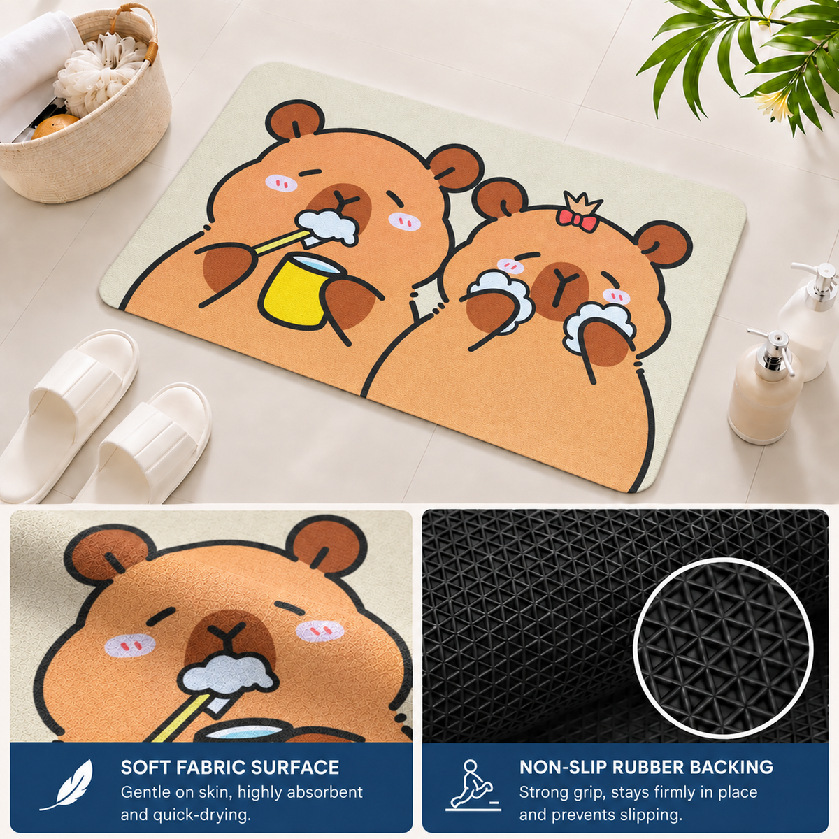 Rubber Bath Mat Anti Slip Quick Drying Soft Bear Self Care ( Beige, 40x60 cm )