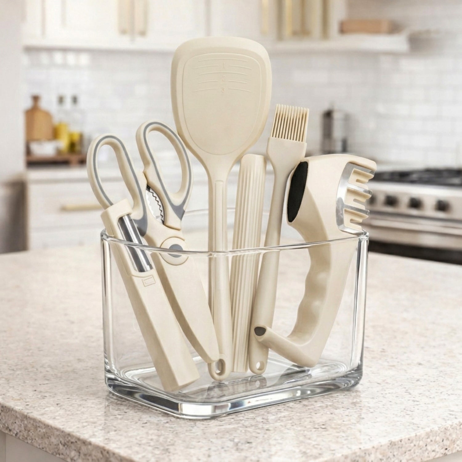 Kitchen Tool Set Plastic Non-Stick Cooking Utensils For Kitchen ( Cream Solid Pack Of 6)